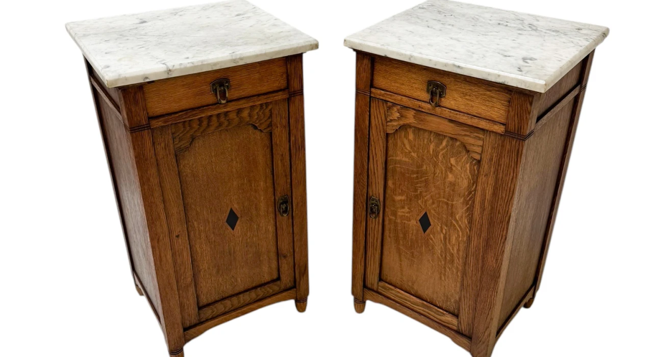 Two Arts & Crafts Art Nouveau Oak Nightstands or Bedside Tables, 1900s